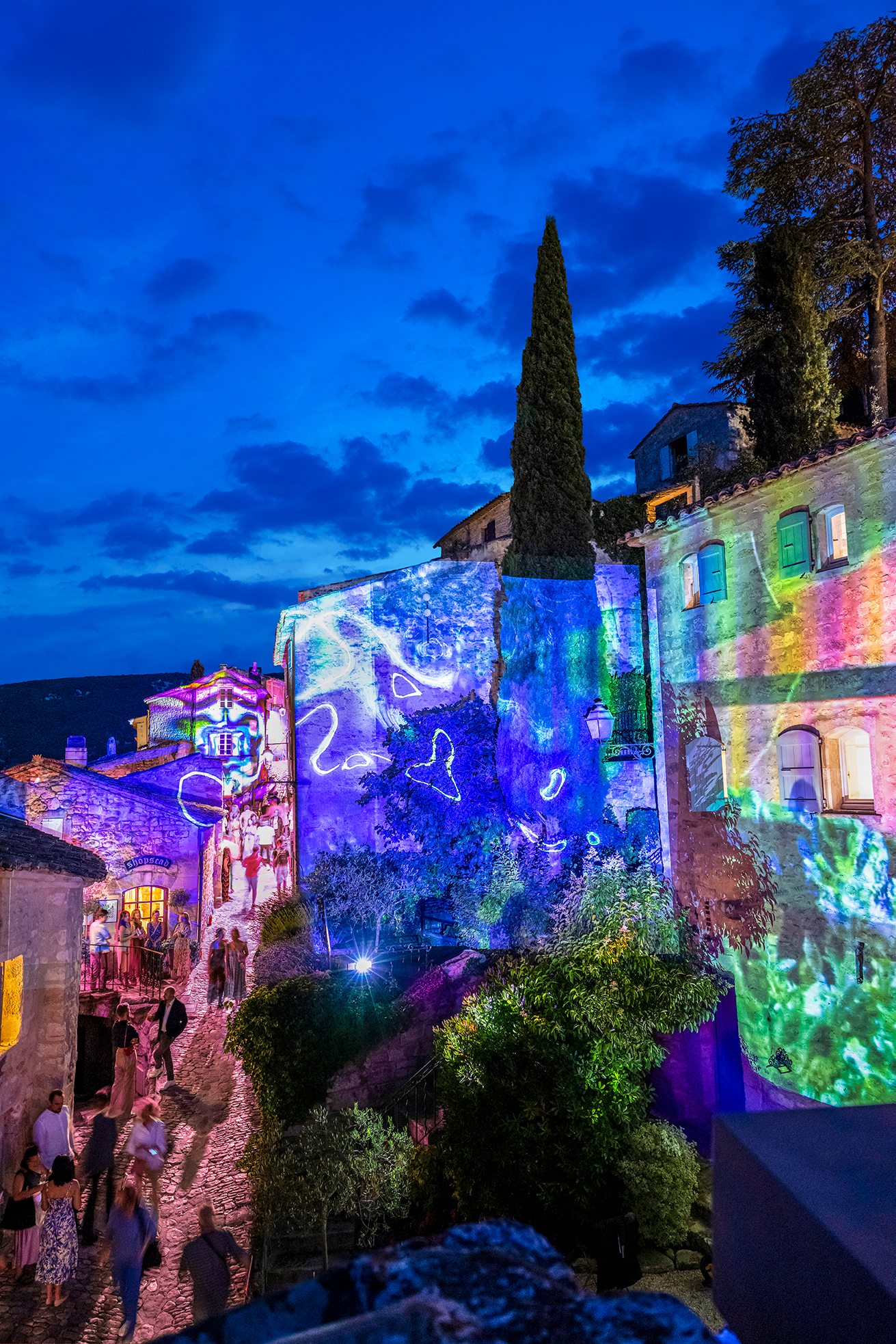 Les Nocturnes light show on side of Lacoste buildings